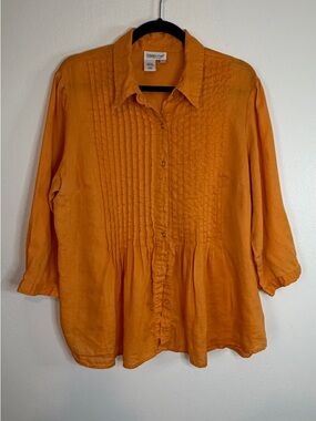 COLDWATER CREEK 100% Linen Pintuck Top Blouse  Orange 3/4 Sleeve Size Large